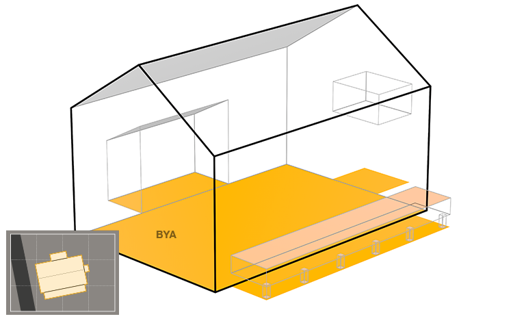 Bebygd areal er markert med gult. Bygningsdeler som ligger utenfor ytterveggen måles fra ytterveggens utside (eksklusive takrenner, rekkverk o.l.).