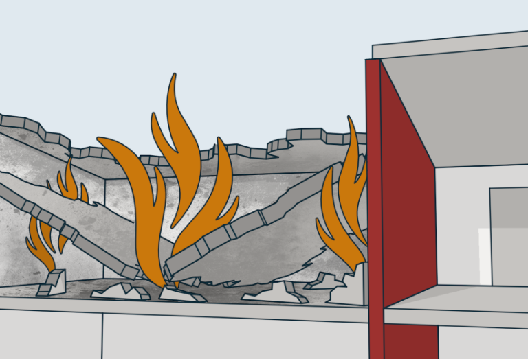 § 11-6 Figur 4: Brannveggen må være stabil i den forutsatte brannmoststandstiden selv om byggverket faller sammen på en side. Alternativ med tak som har brannmotstand minst EI 60 A2-s1, d0 [A 60]